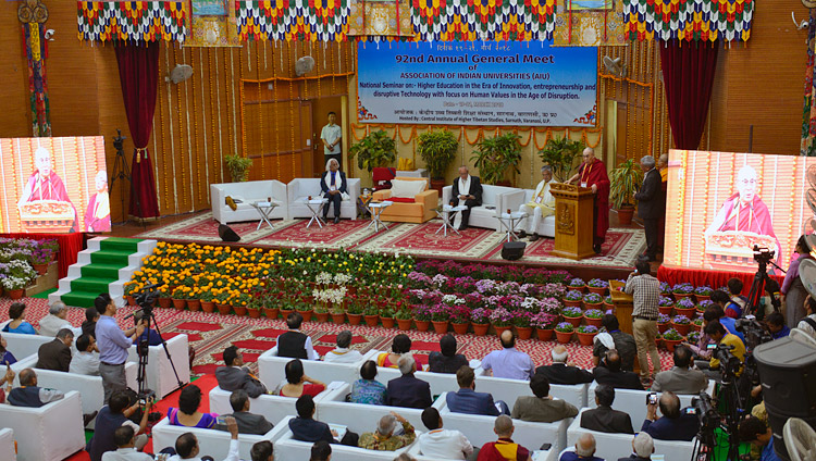 A view of the hall at the Central Institute of Higher Tibetan Studies as His Holiness the Dalai Lama delivers the inaugural address at the 92nd Annual Meet of Association of Indian Universities at CIHTS in Sarnath, UP, India on March 19, 2018. Photo by Lobsang Tsering A view of the hall at the Central Institute of Higher Tibetan Studies as His Holiness the Dalai Lama delivers the inaugural address at the 92nd Annual Meet of Association of Indian Universities at CIHTS in Sarnath, UP, India on March 19, 2018. Photo by Lobsang Tsering