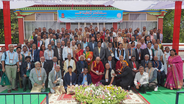 His Holiness the Dalai Lama joins the Vice Chancellors attending the 92nd Annual Meet of Association of Indian Universities after the conclusion of the inaugural session at CIHTS in Sarnath, UP, India on March 19, 2018. Photo by Jeremy Russell His Holiness the Dalai Lama joins the Vice Chancellors attending the 92nd Annual Meet of Association of Indian Universities after the conclusion of the inaugural session at CIHTS in Sarnath, UP, India on March 19, 2018. Photo by Jeremy Russell