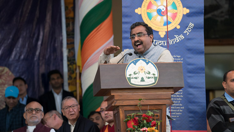 Guest of Honour, Ram Madhav, speaking at the Thank You India celebration at the Main Tibetan Temple in Dharamsala, HP, India on March 31, 2018. Photo by Tenzin Choejor Guest of Honour, Ram Madhav, speaking at the Thank You India celebration at the Main Tibetan Temple in Dharamsala, HP, India on March 31, 2018. Photo by Tenzin Choejor
