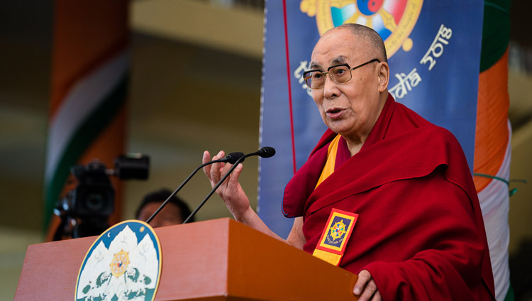 His Holiness the Dalai Lama speaking at the Thank You India celebration at the Main Tibetan Temple in Dharamsala, HP, India on March 31, 2018. Photo by Tenzin Choejor His Holiness the Dalai Lama speaking at the Thank You India celebration at the Main Tibetan Temple in Dharamsala, HP, India on March 31, 2018. Photo by Tenzin Choejor