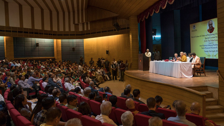 A view of the stage at the Nehru Memorial Museum and Library auditorium during His Holiness the Dalai Lama's talk in New Delhi, India on April 22, 2018. Photo by Tenzin Choejor A view of the stage at the Nehru Memorial Museum and Library auditorium during His Holiness the Dalai Lama's talk in New Delhi, India on April 22, 2018. Photo by Tenzin Choejor