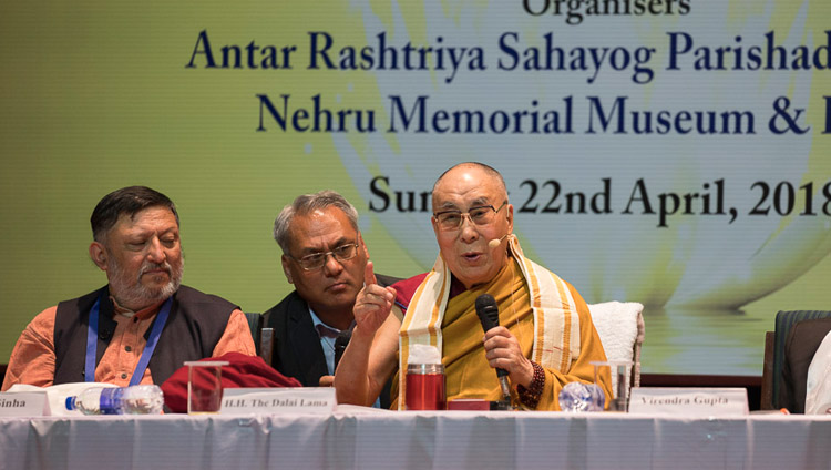 His Holiness the Dalai Lama speaking at the Nehru Memorial Museum and Library auditorium in New Delhi, India on April 22, 2018. Photo by Tenzin Choejor His Holiness the Dalai Lama speaking at the Nehru Memorial Museum and Library auditorium in New Delhi, India on April 22, 2018. Photo by Tenzin Choejor