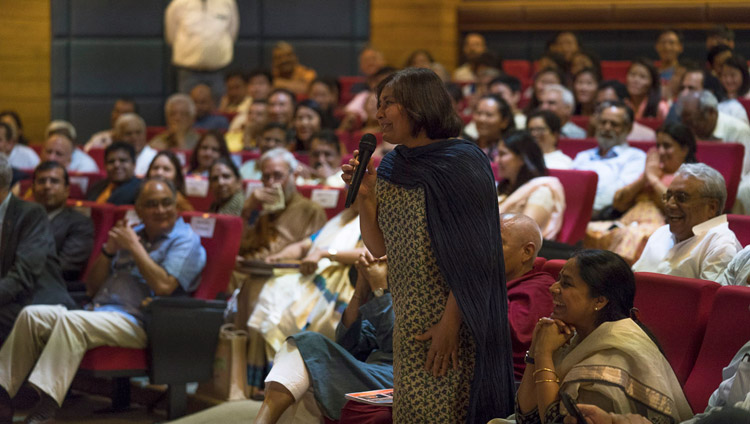 A member of the audience asking His Holiness the Dalai Lama a question during his talk at the Nehru Memorial Museum and Library auditorium in New Delhi, India on April 22, 2018. Photo by Tenzin Choejor A member of the audience asking His Holiness the Dalai Lama a question during his talk at the Nehru Memorial Museum and Library auditorium in New Delhi, India on April 22, 2018. Photo by Tenzin Choejor