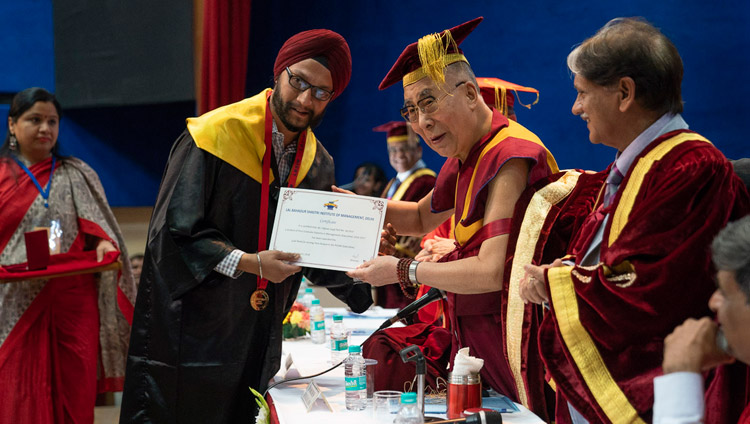 His Holiness the Dalai Lama presenting awards and certificates during the Lal Bahadur Shastri Institute of Management Convocation in New Delhi, India on April 23, 2018. Photo by Tenzin Choejor His Holiness the Dalai Lama presenting awards and certificates during the Lal Bahadur Shastri Institute of Management Convocation in New Delhi, India on April 23, 2018. Photo by Tenzin Choejor