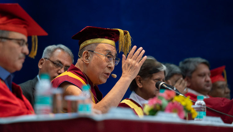 His Holiness the Dalai Lama delivering the Convocation Address at the Lal Bahadur Shastri Institute of Management in New Delhi, India on April 23, 2018. Photo by Tenzin Choejor His Holiness the Dalai Lama delivering the Convocation Address at the Lal Bahadur Shastri Institute of Management in New Delhi, India on April 23, 2018. Photo by Tenzin Choejor
