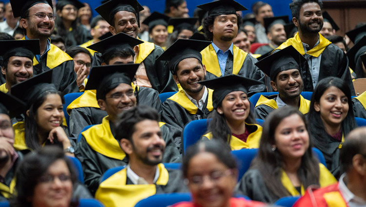 Graduates in the audience listening to His Holiness the Dalai Lama speaking at the Lal Bahadur Shastri Institute of Management Convocation in New Delhi, India on April 23, 2018. Photo by Tenzin Choejor Graduates in the audience listening to His Holiness the Dalai Lama speaking at the Lal Bahadur Shastri Institute of Management Convocation in New Delhi, India on April 23, 2018. Photo by Tenzin Choejor