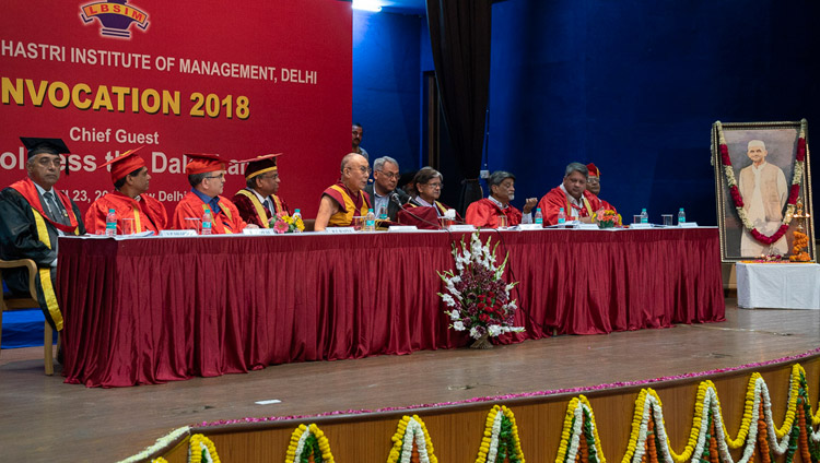 His Holiness the Dalai Lama speaking at the Lal Bahadur Shastri Institute of Management Convocation in New Delhi, India on April 23, 2018. Photo by Tenzin Choejor His Holiness the Dalai Lama speaking at the Lal Bahadur Shastri Institute of Management Convocation in New Delhi, India on April 23, 2018. Photo by Tenzin Choejor