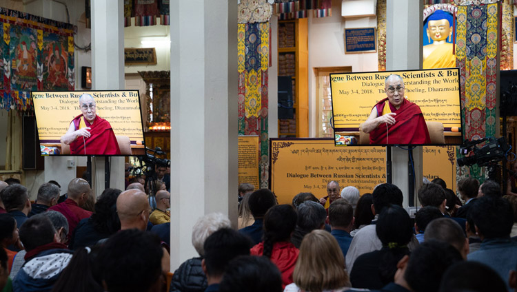 Members of the audience watching His Holiness the Dalai Lama speaking at the at the  Dialogue Between Russian and Buddhist Scholars in Dharamsala, HP, India on May 3, 2018. Photo by Tenzin Choejor