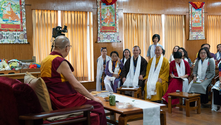 A member of the audience asking His Holiness the Dalai Lama a questions during his meeting with groups from Vietnam at his residence in Dharamsala, HP, India on May 21, 2018. Photo by Tenzin Choejor A member of the audience asking His Holiness the Dalai Lama a questions during his meeting with groups from Vietnam at his residence in Dharamsala, HP, India on May 21, 2018. Photo by Tenzin Choejor