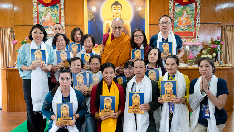 His Holiness the Dalai lama posing for one of several group photos at the conclusion of his two day meeting with Vietnamese business leaders, artists, intellectuals and members of youth delegations and groups in Vietnam by live teleconference link, at his residence in Dharamsala, HP, India on May 22, 2018. Photo by Tenzin Choejor His Holiness the Dalai lama posing for one of several group photos at the conclusion of his two day meeting with Vietnamese business leaders, artists, intellectuals and members of youth delegations and groups in Vietnam by live teleconference link, at his residence in Dharamsala, HP, India on May 22, 2018. Photo by Tenzin Choejor