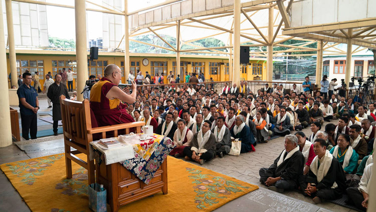 His Holiness the Dalai Lama addressing over 650 Tibetans from various settlements in India and around the world participating in an International Conference on the Middle Way Approach during their meeting at the Main Tibetan Temple courtyard in Dharamsala, HP, India on May 30, 2018. Photo by Tenzin Choejor His Holiness the Dalai Lama addressing over 650 Tibetans from various settlements in India and around the world participating in an International Conference on the Middle Way Approach during their meeting at the Main Tibetan Temple courtyard in Dharamsala, HP, India on May 30, 2018. Photo by Tenzin Choejor