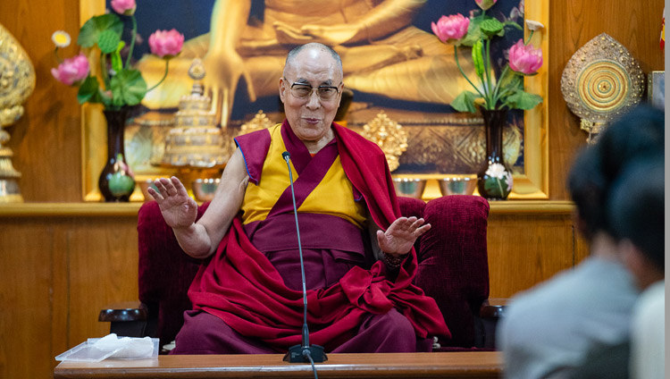 His Holiness the Dalai Lama speaking to groups of students and teachers at his residence in Dharamsala, HP, India on June 1, 2018. Photo by Tenzin Choejor His Holiness the Dalai Lama speaking to groups of students and teachers at his residence in Dharamsala, HP, India on June 1, 2018. Photo by Tenzin Choejor