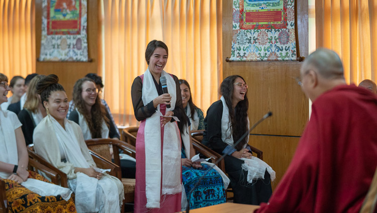 His Holiness the Dalai Lama answering questions from the audience during his meeting with students and teachers at his residence in Dharamsala, HP, India on June 1, 2018. Photo by Tenzin Choejor His Holiness the Dalai Lama answering questions from the audience during his meeting with students and teachers at his residence in Dharamsala, HP, India on June 1, 2018. Photo by Tenzin Choejor