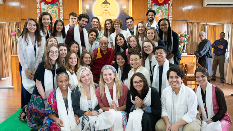 His Holiness the Dalai Lama posing for one of several group photos at the conclusion of his meeting with students and teachers at his residence in Dharamsala, HP, India on June 1, 2018. Photo by Tenzin Choejor His Holiness the Dalai Lama posing for one of several group photos at the conclusion of his meeting with students and teachers at his residence in Dharamsala, HP, India on June 1, 2018. Photo by Tenzin Choejor
