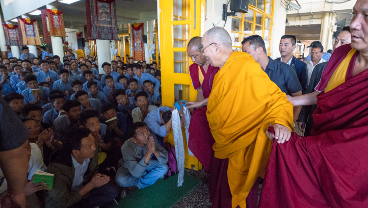 His Holiness the Dalai Lama greeting TCV students as he arrives at the Main Tibetan Temple in Dharamsala, HP, India on June 6, 2018. Photo by Tenzin Phuntsok His Holiness the Dalai Lama greeting TCV students as he arrives at the Main Tibetan Temple in Dharamsala, HP, India on June 6, 2018. Photo by Tenzin Phuntsok
