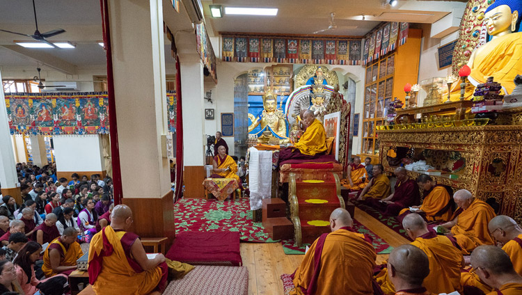 His Holiness the Dalai Lama on the first day of his teaching for young Tibetan students at the Main Tibetan Temple in Dharamsala, HP, India on June 6, 2018. Photo by Tenzin Phuntsok His Holiness the Dalai Lama on the first day of his teaching for young Tibetan students at the Main Tibetan Temple in Dharamsala, HP, India on June 6, 2018. Photo by Tenzin Phuntsok
