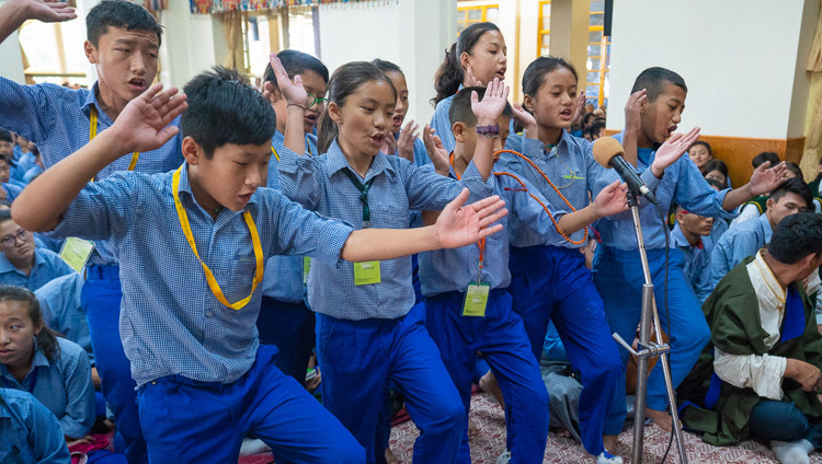 Students from TCV School at Gopalpur demonstrating debate at the start of the second day of His Holiness the Dalai Lama's teaching for young Tibetan students at the Main Tibetan Temple in Dharamsala, HP, India on June 7, 2018. Photo by Tenzin Phuntsok Students from TCV School at Gopalpur demonstrating debate at the start of the second day of His Holiness the Dalai Lama's teaching for young Tibetan students at the Main Tibetan Temple in Dharamsala, HP, India on June 7, 2018. Photo by Tenzin Phuntsok
