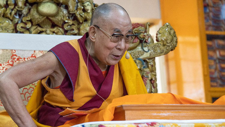 His Holiness the Dalai Lama speaking on the second day of his teaching for young Tibetan students at the Main Tibetan Temple in Dharamsala, HP, India on June 7, 2018. Photo by Tenzin Phuntsok His Holiness the Dalai Lama speaking on the second day of his teaching for young Tibetan students at the Main Tibetan Temple in Dharamsala, HP, India on June 7, 2018. Photo by Tenzin Phuntsok