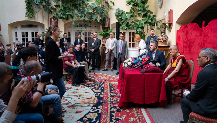 His Holiness the Dalai Lama answering questions during his meeting with members of the media in Vilnius, Lithuania on June 13, 2018. Photo by Tenzin Choejor His Holiness the Dalai Lama answering questions during his meeting with members of the media in Vilnius, Lithuania on June 13, 2018. Photo by Tenzin Choejor