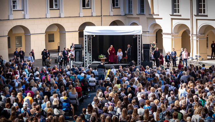 His Holiness the Dalai Lama speaking to a crowd of over 2000 at the University of Vilnius in Vilnius, Lithuania on June 13, 2018. Photo by Tenzin Choejor His Holiness the Dalai Lama speaking to a crowd of over 2000 at the University of Vilnius in Vilnius, Lithuania on June 13, 2018. Photo by Tenzin Choejor