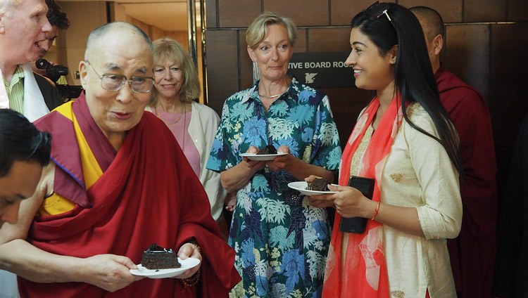 His Holiness the Dalai Lama sharing a birthday cake presented in honor of his upcoming 83rd birthday after his interview for Dutch TV in New Delhi, India on July 2, 2018. Photo by Jeremy Russell His Holiness the Dalai Lama sharing a birthday cake presented in honor of his upcoming 83rd birthday after his interview for Dutch TV in New Delhi, India on July 2, 2018. Photo by Jeremy Russell