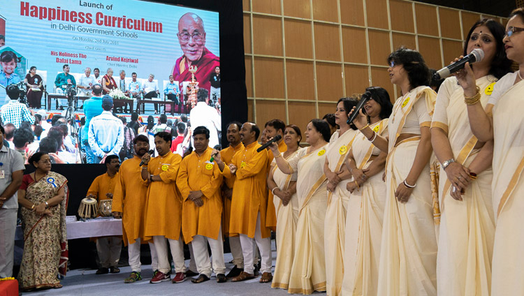 A group of teachers singing a welcome song that they composed themselves at the start of the Launch of the Happiness Curriculum in Delhi Government Schools in New Delhi, India on July 2, 2018. Photo by Tenzin Choejor A group of teachers singing a welcome song that they composed themselves at the start of the Launch of the Happiness Curriculum in Delhi Government Schools in New Delhi, India on July 2, 2018. Photo by Tenzin Choejor
