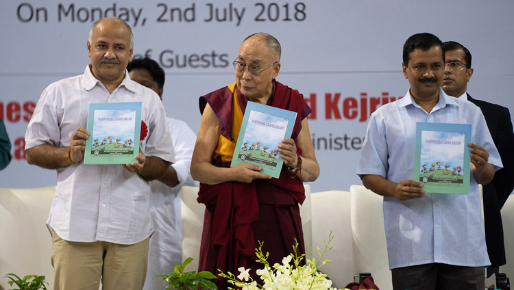 Delhi Deputy Chief Minister Manish Sisodia, His Holiness the Dalai Lama and Delhi Chief Minister Arvind Kejriwal releasing the Happiness Curriculum in Delhi Government Schools in New Delhi, India on July 2, 2018. Photo by Tenzin Choejor Delhi Deputy Chief Minister Manish Sisodia, His Holiness the Dalai Lama and Delhi Chief Minister Arvind Kejriwal releasing the Happiness Curriculum in Delhi Government Schools in New Delhi, India on July 2, 2018. Photo by Tenzin Choejor
