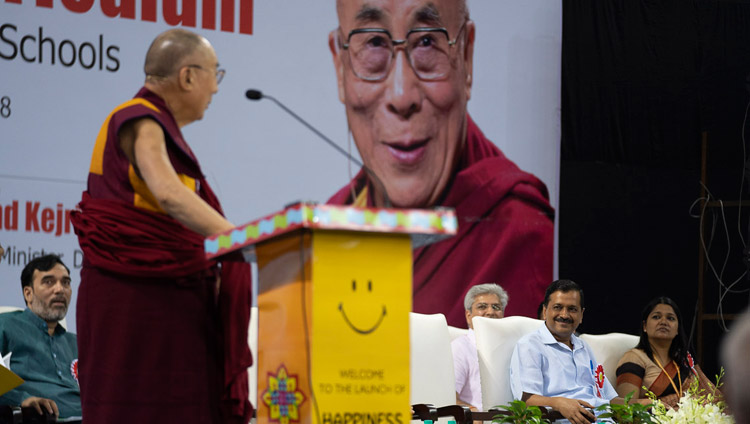 His Holiness the Dalai Lama addressing the gathering at the Launch of the Happiness Curriculum in Delhi Government Schools in New Delhi, India on July 2, 2018. Photo by Tenzin Choejor His Holiness the Dalai Lama addressing the gathering at the Launch of the Happiness Curriculum in Delhi Government Schools in New Delhi, India on July 2, 2018. Photo by Tenzin Choejor