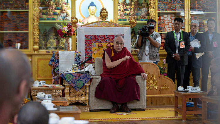 His Holiness the Dalai Lama speaking during the welcome ceremony on his arrival at his residence in Leh, Ladakh, J&K, India on July 3, 2018. Photo by Tenzin Choejor His Holiness the Dalai Lama speaking during the welcome ceremony on his arrival at his residence in Leh, Ladakh, J&K, India on July 3, 2018. Photo by Tenzin Choejor