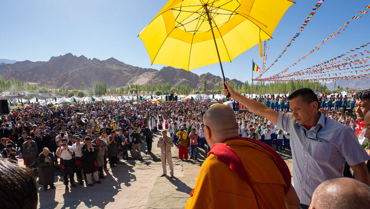 His Holiness the Dalai Lama greeting the crowd of over 25,000 on his arrival at the Shiwatsel Teaching Pavilion for celebrations on his 83rd birthday in Leh, Ladakh, J&K, India on July 6, 2018. Photo by Tenzin Choejor His Holiness the Dalai Lama greeting the crowd of over 25,000 on his arrival at the Shiwatsel Teaching Pavilion for celebrations on his 83rd birthday in Leh, Ladakh, J&K, India on July 6, 2018. Photo by Tenzin Choejor