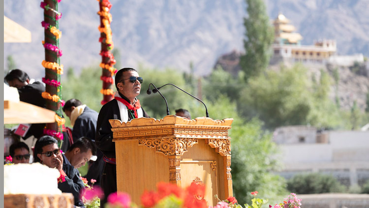 President of the Ladakh Buddhist Association Tsewang Thinles opening the celebrations on His Holiness the Dalai Lama's 83rd birtday at the Shiwatsel Teaching Ground in Leh, Ladakh, J&K, India on July 6, 2018. Photo by Tenzin Choejor President of the Ladakh Buddhist Association Tsewang Thinles opening the celebrations on His Holiness the Dalai Lama's 83rd birtday at the Shiwatsel Teaching Ground in Leh, Ladakh, J&K, India on July 6, 2018. Photo by Tenzin Choejor