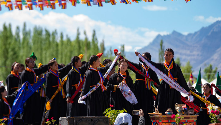 Girls from Ladakhi schools performing during celebrations on His Holiness the Dalai Lama's 83rd birthday in Leh, Ladakh, J&K, India on July 6, 2018. Photo by Tenzin Choejor Girls from Ladakhi schools performing during celebrations on His Holiness the Dalai Lama's 83rd birthday in Leh, Ladakh, J&K, India on July 6, 2018. Photo by Tenzin Choejor