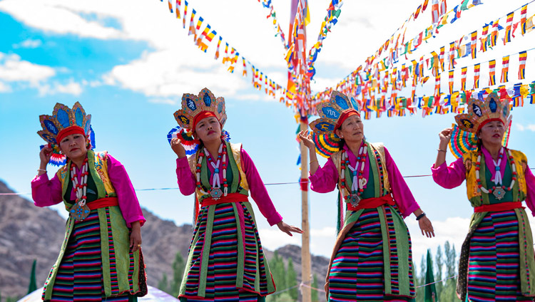 A group of Tibetans performing Tibetan Lhamo or traditional opera during celebrations on His Holiness the Dalai Lama's 83rd birthday in Leh, Ladakh, J&K, India on July 6, 2018. Photo by Tenzin Choejor A group of Tibetans performing Tibetan Lhamo or traditional opera during celebrations on His Holiness the Dalai Lama's 83rd birthday in Leh, Ladakh, J&K, India on July 6, 2018. Photo by Tenzin Choejor