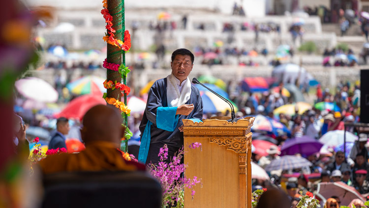 President of the CTA, Dr Lobsang Sangay, speaking at celebrations on His Holiness the Dalai Lama's 83rd birthday in Leh, Ladakh, J&K, India on July 6, 2018. Photo by Tenzin Choejor President of the CTA, Dr Lobsang Sangay, speaking at celebrations on His Holiness the Dalai Lama's 83rd birthday in Leh, Ladakh, J&K, India on July 6, 2018. Photo by Tenzin Choejor