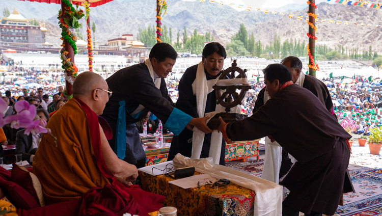 Tibetan residents of Leh and Changthang presenting His Holiness the Dalai Lama a Wheel of Dharma during celebrations on his 83rd birthday in Leh, Ladakh, J&K, India on July 6, 2018. Photo by Tenzin Choejo Tibetan residents of Leh and Changthang presenting His Holiness the Dalai Lama a Wheel of Dharma during celebrations on his 83rd birthday in Leh, Ladakh, J&K, India on July 6, 2018. Photo by Tenzin Choejo