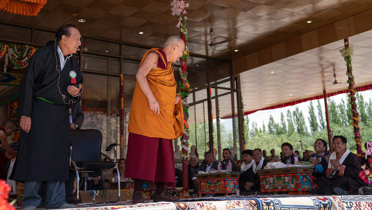 His Holiness the Dalai Lama directing his address to guests on stage during celebrations on his 83rd birthday in Leh, Ladakh, J&K, India on July 6, 2018. Photo by Tenzin Choejor His Holiness the Dalai Lama directing his address to guests on stage during celebrations on his 83rd birthday in Leh, Ladakh, J&K, India on July 6, 2018. Photo by Tenzin Choejor