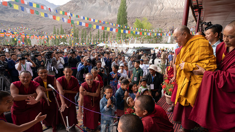 His Holiness the Dalai Lama arriving at the Diskit teaching ground in Diskit, Nubra Valley, J&K, India on July 13, 2018. Photo by Tenzin Choejor His Holiness the Dalai Lama arriving at the Diskit teaching ground in Diskit, Nubra Valley, J&K, India on July 13, 2018. Photo by Tenzin Choejor