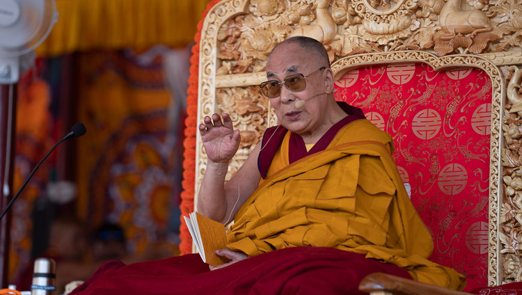 His Holiness the Dalai Lama addressing the crowd during his teaching in Diskit, Nubra Valley, J&K, India on July 13, 2018. Photo by Tenzin Choejor His Holiness the Dalai Lama addressing the crowd during his teaching in Diskit, Nubra Valley, J&K, India on July 13, 2018. Photo by Tenzin Choejor
