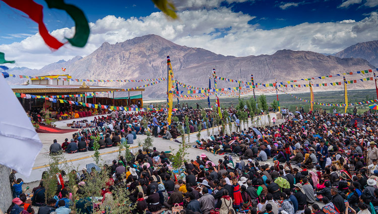 Many of the more than 5,600 people attending His Holiness the Dalai Lama's teaching at the teaching ground in Diskit, Nubra Valley, J&K, India on July 13, 2018. Photo by Tenzin Choejor Many of the more than 5,600 people attending His Holiness the Dalai Lama's teaching at the teaching ground in Diskit, Nubra Valley, J&K, India on July 13, 2018. Photo by Tenzin Choejor