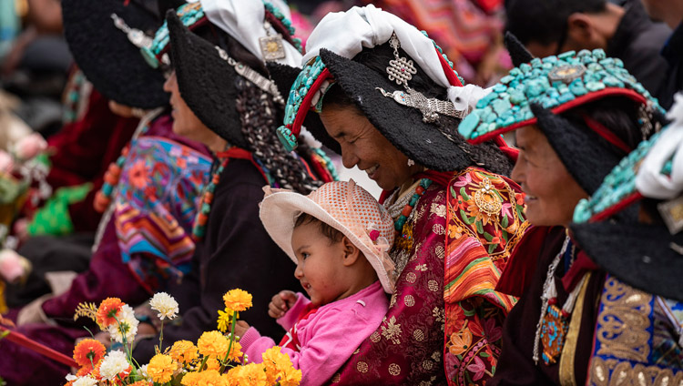 Local women in Ladakhi traditional dress attending His Holiness the Dalai Lama's teaching in Diskit, Nubra Valley, J&K, India on July 13, 2018. Photo by Tenzin Choejor Local women in Ladakhi traditional dress attending His Holiness the Dalai Lama's teaching in Diskit, Nubra Valley, J&K, India on July 13, 2018. Photo by Tenzin Choejor