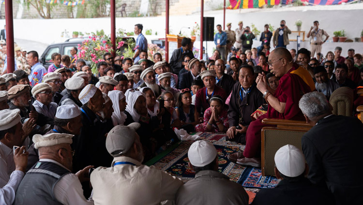 His Holiness the Dalai Lama speaking to members of the Muslim communities of Turtuk, Bogdang and Nubra in Diskit, Nubra Valley, J&K, India on July 13, 2018. Photo by Tenzin Choejor His Holiness the Dalai Lama speaking to members of the Muslim communities of Turtuk, Bogdang and Nubra in Diskit, Nubra Valley, J&K, India on July 13, 2018. Photo by Tenzin Choejor