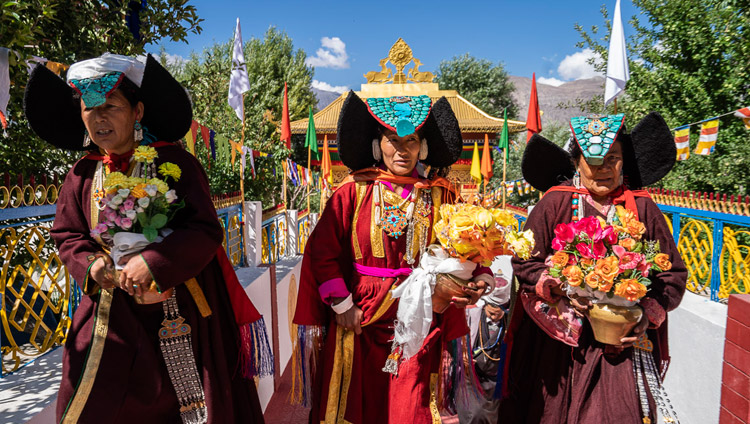 Local women in Ladakhi traditional dress waiting for His Holiness the Dalai Lama's arrival at Samstanling Monastery in Sumur, Ladakh, J&K, India on July 14, 2018. Photo by Tenzin Choejor Local women in Ladakhi traditional dress waiting for His Holiness the Dalai Lama's arrival at Samstanling Monastery in Sumur, Ladakh, J&K, India on July 14, 2018. Photo by Tenzin Choejor
