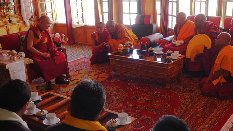 His Holiness the Dalai Lama speaking Gaden Trisur Rizong Rinpoche, senior monks, and special dignitaries during a welcome ceremony on his arrival at Samstangling Monastery in Sumur, Ladakh, J&K, India on July 14, 2018. Photo by Jeremy Russell His Holiness the Dalai Lama speaking Gaden Trisur Rizong Rinpoche, senior monks, and special dignitaries during a welcome ceremony on his arrival at Samstangling Monastery in Sumur, Ladakh, J&K, India on July 14, 2018. Photo by Jeremy Russell
