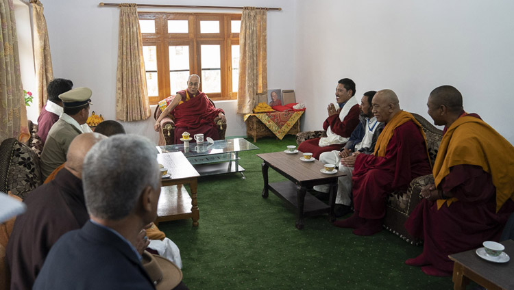 His Holiness the Dalai Lama speaking with local representatives at his residence in Padum, Zanskar, J&K, India on July 21, 2018. Photo by Tenzin Choejor His Holiness the Dalai Lama speaking with local representatives at his residence in Padum, Zanskar, J&K, India on July 21, 2018. Photo by Tenzin Choejor