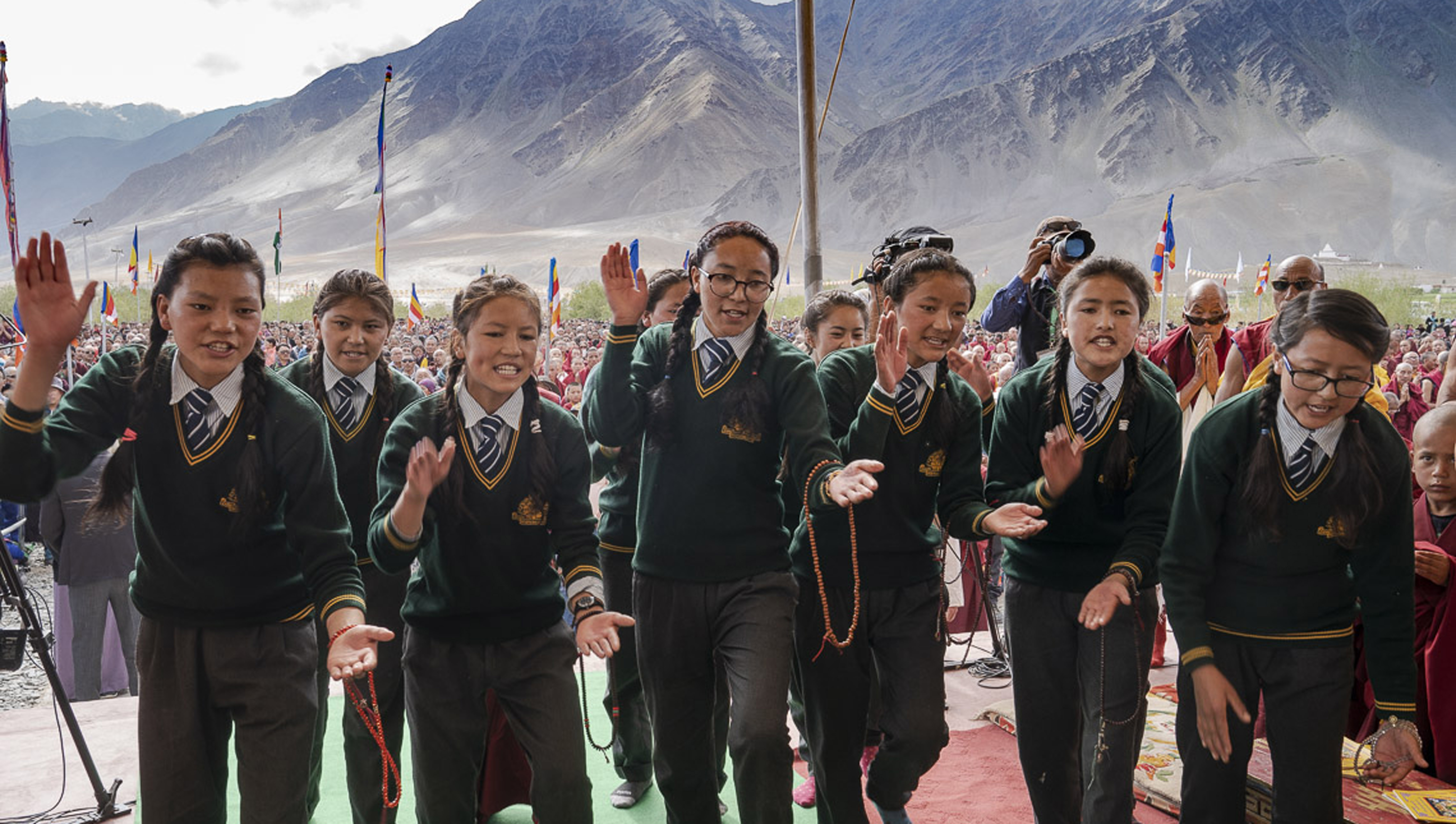 Girl students from the CBAC Branch School demonstrating philosophical debate as His Holiness the Dalai Lama arrives at the teaching venue in Padum, Zanskar, J&K, India on July 22, 2018. Photo by Tenzin Choejor Girl students from the CBAC Branch School demonstrating philosophical debate as His Holiness the Dalai Lama arrives at the teaching venue in Padum, Zanskar, J&K, India on July 22, 2018. Photo by Tenzin Choejor