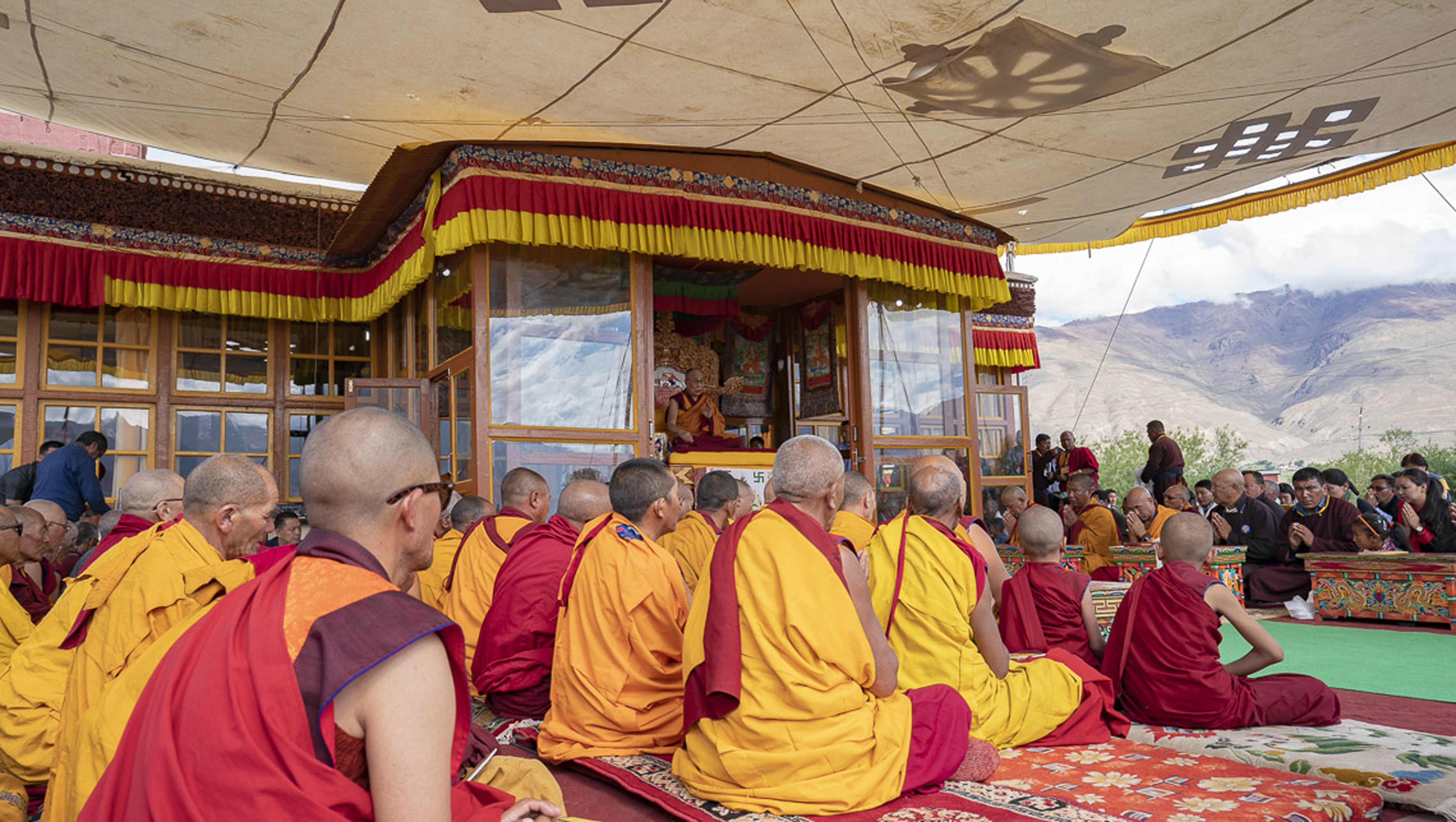 A view of the teaching pavilion during His Holiness the Dalai Lama's teaching in Padum, Zanskar, J&K, India on July 22, 2018. Photo by Tenzin Choejor A view of the teaching pavilion during His Holiness the Dalai Lama's teaching in Padum, Zanskar, J&K, India on July 22, 2018. Photo by Tenzin Choejor