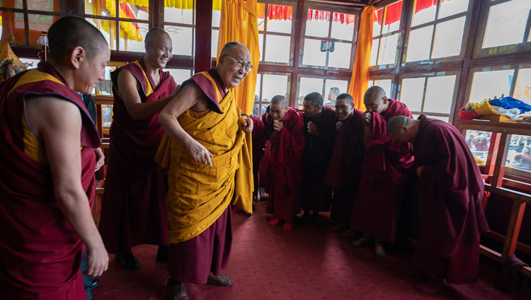 His Holiness the Dalai Lama greeting the monks who take care of the temple adjacent to the teaching ground in Padum, Zanskar, J&K, India on July 23, 2018. Photo by Tenzin Choejor His Holiness the Dalai Lama greeting the monks who take care of the temple adjacent to the teaching ground in Padum, Zanskar, J&K, India on July 23, 2018. Photo by Tenzin Choejor