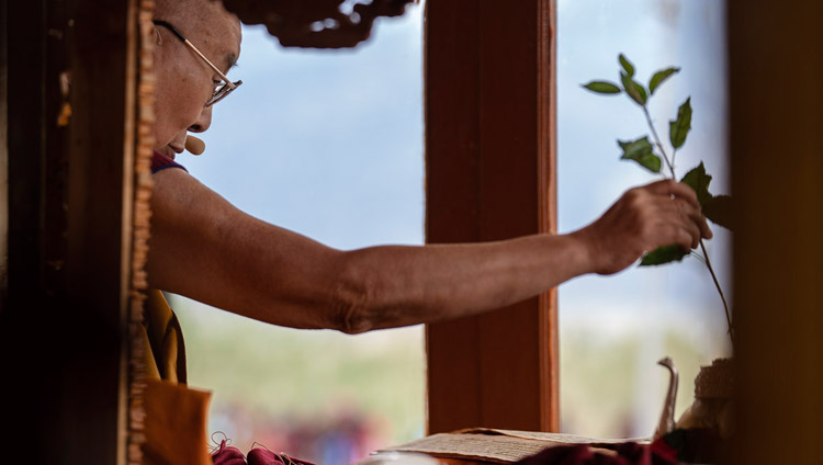 His Holiness the Dalai Lama engaging in preparatory procedures for the Avalokiteshvara Empowerment in Padum, Zanskar, J&K, India on July 23, 2018. Photo by Tenzin Choejor His Holiness the Dalai Lama engaging in preparatory procedures for the Avalokiteshvara Empowerment in Padum, Zanskar, J&K, India on July 23, 2018. Photo by Tenzin Choejor