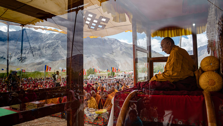 A view of the teaching pavilion during the Avalokiteshvara empowerment given by His Holiness the Dalai Lama in Padum, Zanskar, J&K, India on July 23, 2018. Photo by Tenzin Choejor A view of the teaching pavilion during the Avalokiteshvara empowerment given by His Holiness the Dalai Lama in Padum, Zanskar, J&K, India on July 23, 2018. Photo by Tenzin Choejor