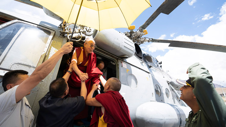His Holiness the Dalai Lama arriving by helicopter in Kargil, Ladakh, J&K, India on July 25, 2018. Photo by Tenzin Choejor His Holiness the Dalai Lama arriving by helicopter in Kargil, Ladakh, J&K, India on July 25, 2018. Photo by Tenzin Choejor